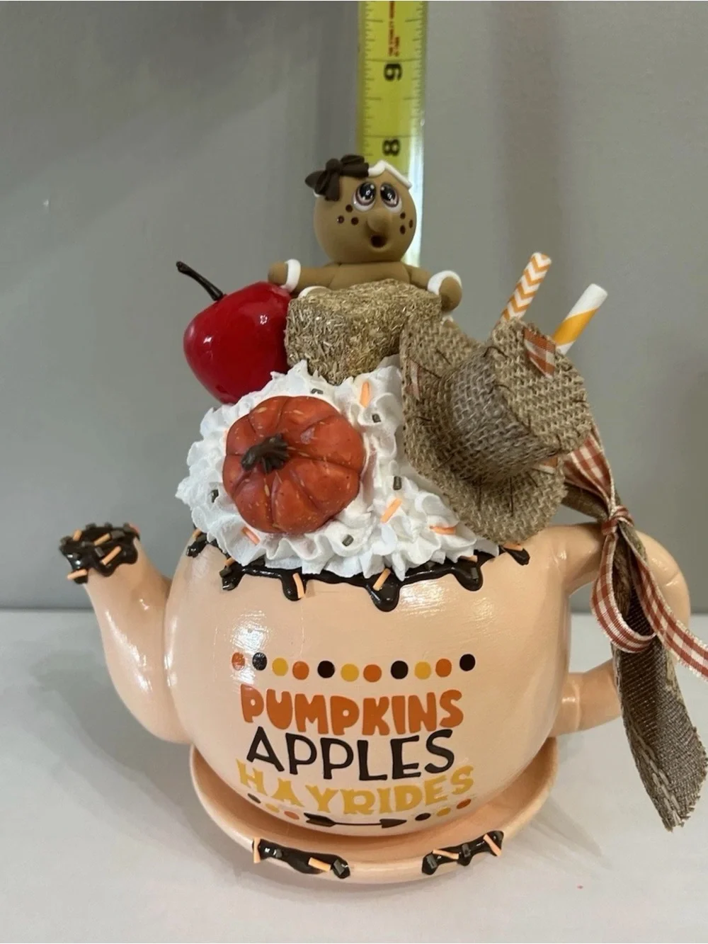 Fake Gingerbread Peach Ceramic Autumn Teapot Decor with Pumpkin & Apple Accents